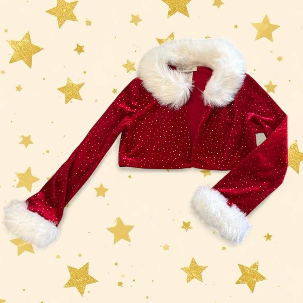 Bonnie Jean Girls Red Faux Fur Trimmed Bolero Jacket